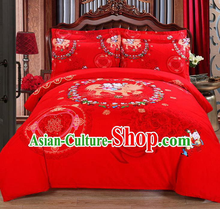 Traditional Chinese Wedding Red Printing Four-piece Bedclothes Duvet Cover Textile Qulit Cover Bedding Sheet Complete Set