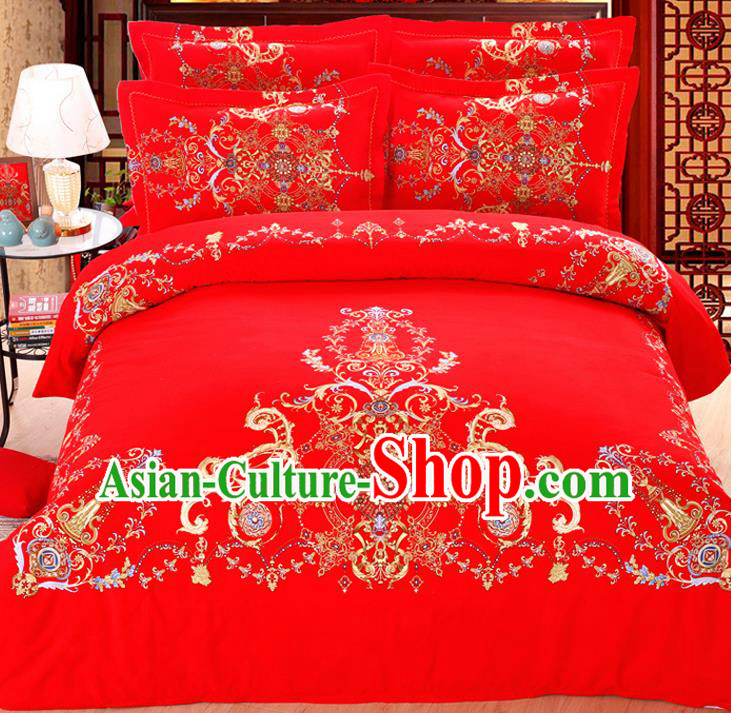 Traditional Chinese Wedding Red Printing Four-piece Bedclothes Duvet Cover Textile Qulit Cover Bedding Sheet Complete Set