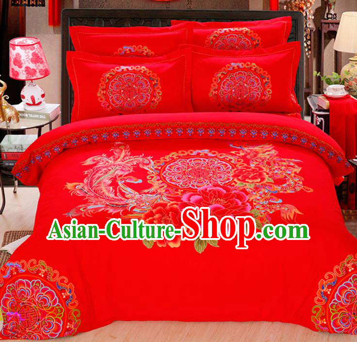 Traditional Chinese Wedding Red Printing Phoenix Peony Four-piece Bedclothes Duvet Cover Textile Qulit Cover Bedding Sheet Complete Set