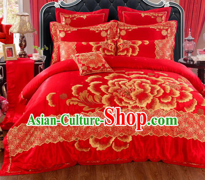 Traditional Chinese Wedding Red Embroidered Peony Ten-piece Bedclothes Duvet Cover Textile Qulit Cover Bedding Sheet Complete Set
