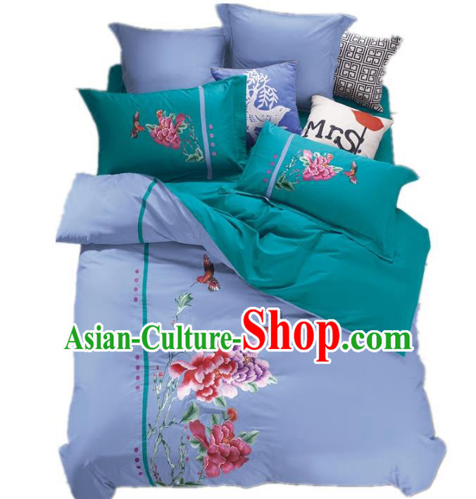 Traditional Chinese Wedding Blue Embroidered Peony Ten-piece Bedclothes Duvet Cover Textile Qulit Cover Bedding Sheet Complete Set