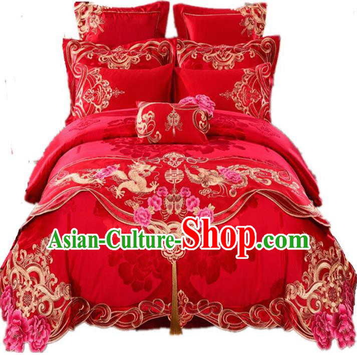 Traditional Chinese Wedding Red Satin Embroidered Dragon Phoenix Ten-piece Bedclothes Duvet Cover Textile Qulit Cover Bedding Sheet Complete Set