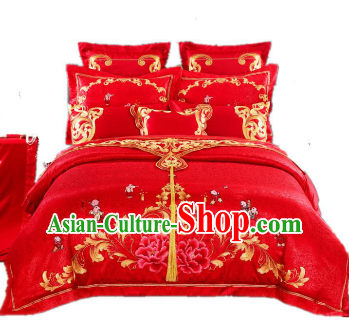 Traditional Chinese Wedding Red Satin Embroidered Peony Ten-piece Bedclothes Duvet Cover Textile Qulit Cover Bedding Sheet Complete Set