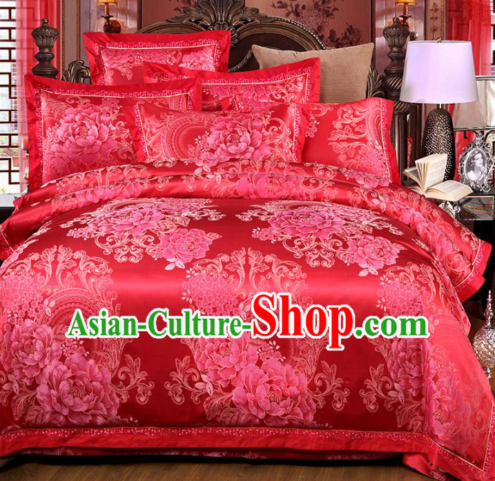 Traditional Chinese Wedding Red Satin Printing Peony Six-piece Bedclothes Duvet Cover Textile Qulit Cover Bedding Sheet Complete Set