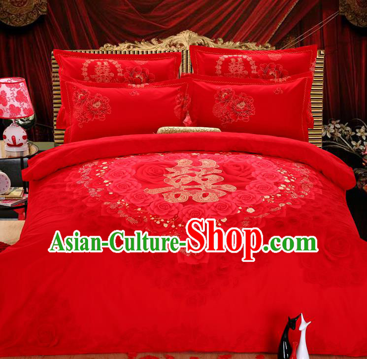 Traditional Chinese Wedding Printing Rose Red Four-piece Bedclothes Duvet Cover Textile Qulit Cover Bedding Sheet Complete Set