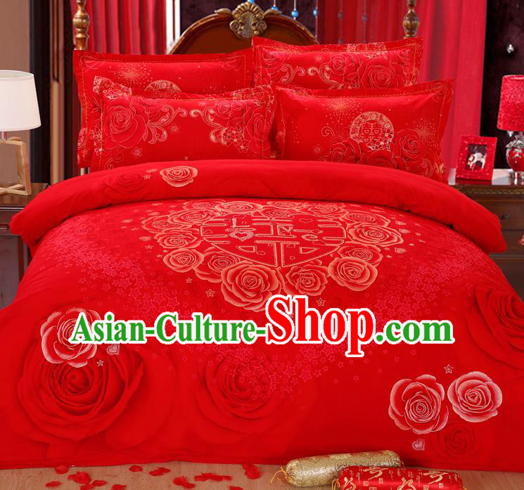 Traditional Chinese Wedding Printing Rose Red Four-piece Bedclothes Duvet Cover Textile Qulit Cover Bedding Sheet Complete Set