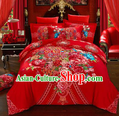 Traditional Chinese Wedding Printing Peony Flowers Red Four-piece Bedclothes Duvet Cover Textile Qulit Cover Bedding Sheet Complete Set