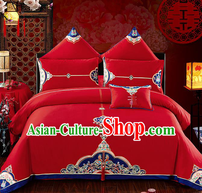 Traditional Chinese Wedding Embroidered Red Seven-piece Bedclothes Duvet Cover Textile Qulit Cover Bedding Sheet Complete Set