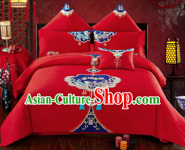 Traditional Chinese Wedding Embroidered Red Seven-piece Bedclothes Duvet Cover Textile Qulit Cover Bedding Sheet Complete Set