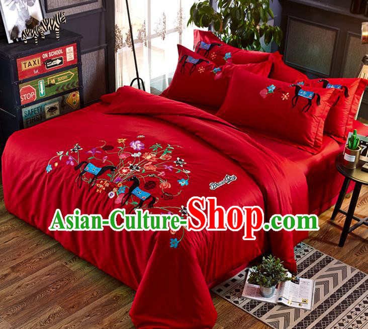 Traditional Chinese Wedding Embroidered Flowers Red Satin Six-piece Bedclothes Duvet Cover Textile Qulit Cover Bedding Sheet Complete Set