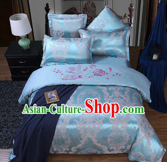 Traditional Chinese Wedding Embroidered Flowers Blue Satin Six-piece Bedclothes Duvet Cover Textile Qulit Cover Bedding Sheet Complete Set