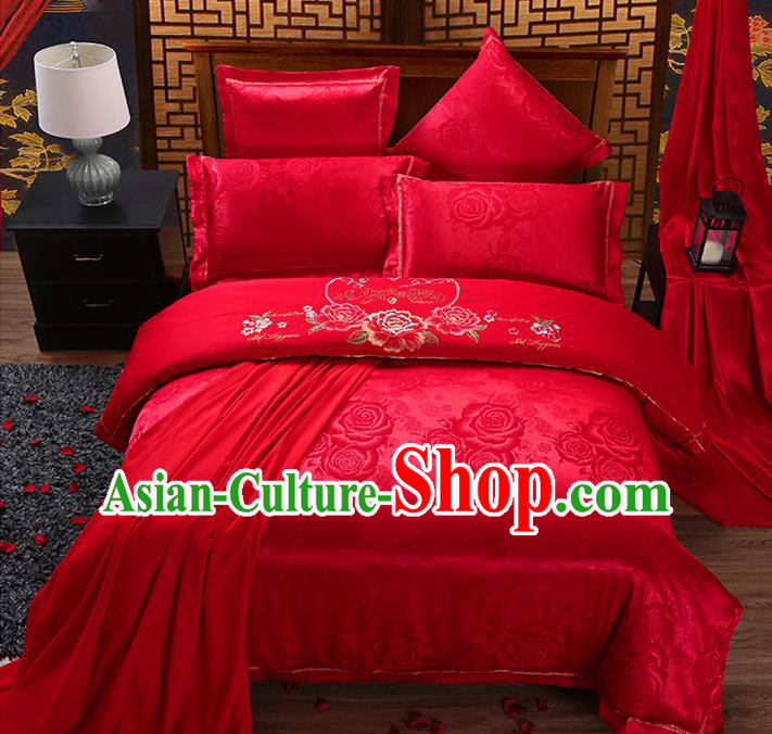 Traditional Chinese Wedding Embroidered Peony Flowers Red Satin Six-piece Bedclothes Duvet Cover Textile Qulit Cover Bedding Sheet Complete Set