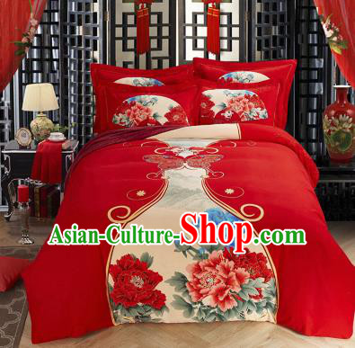 Traditional Chinese Wedding Printing Peony Red Four-piece Bedclothes Duvet Cover Textile Qulit Cover Bedding Sheet Complete Set