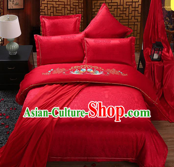 Traditional Chinese Wedding Embroidered Mandarin Duck Red Satin Six-piece Bedclothes Duvet Cover Textile Qulit Cover Bedding Sheet Complete Set