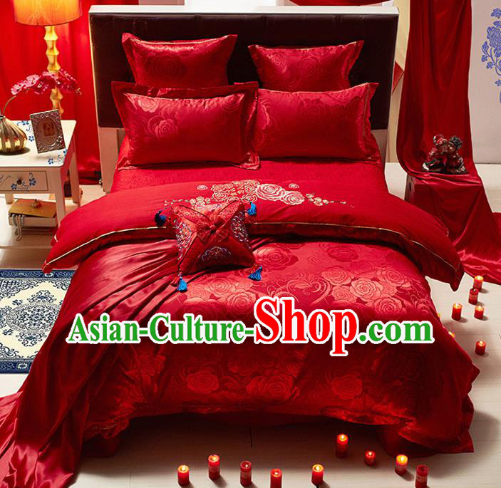 Traditional Chinese Wedding Embroidered Red Satin Six-piece Bedclothes Duvet Cover Textile Qulit Cover Bedding Sheet Complete Set