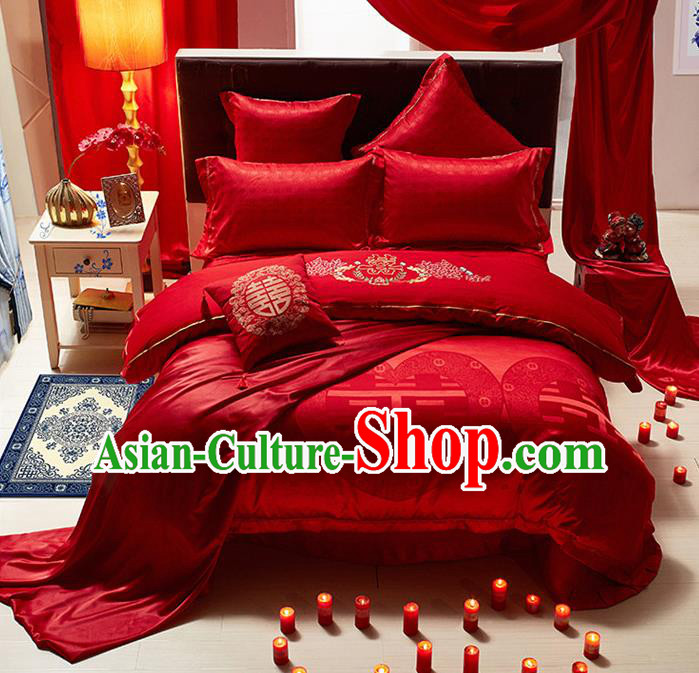 Traditional Chinese Wedding Embroidered Red Satin Six-piece Bedclothes Duvet Cover Textile Qulit Cover Bedding Sheet Complete Set