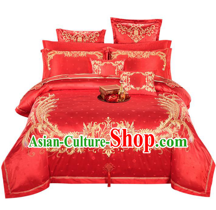 Traditional Chinese Wedding Embroidered Phoenix Red Satin Ten-piece Bedclothes Duvet Cover Textile Qulit Cover Bedding Sheet Complete Set