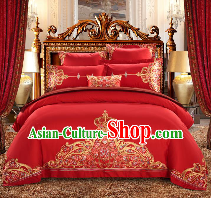 Traditional Chinese Wedding Embroidered Red Satin Six-piece Bedclothes Duvet Cover Textile Qulit Cover Bedding Sheet Complete Set