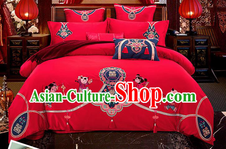 Traditional Chinese Wedding Embroidered Peony Red Seven-piece Bedclothes Duvet Cover Textile Qulit Cover Bedding Sheet Complete Set