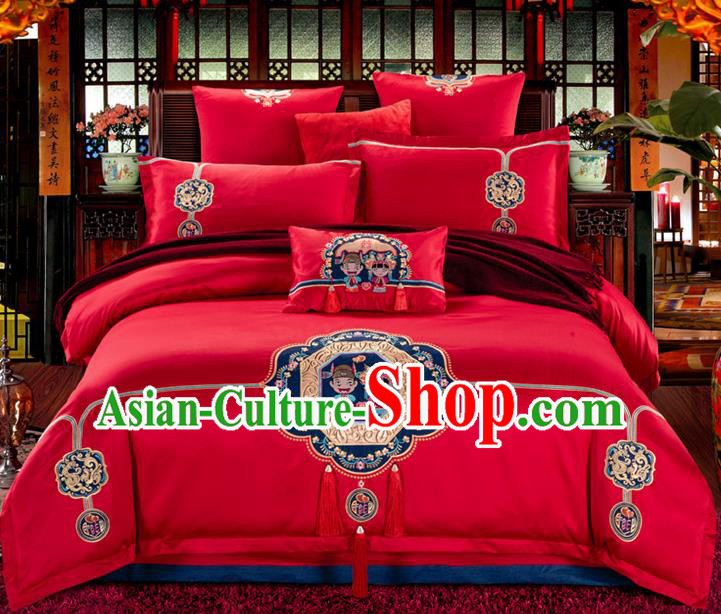 Traditional Chinese Wedding Embroidered Red Seven-piece Bedclothes Duvet Cover Textile Qulit Cover Bedding Sheet Complete Set