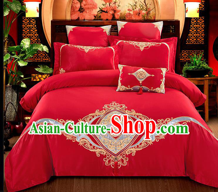 Traditional Chinese Wedding Embroidered Flowers Red Seven-piece Bedclothes Duvet Cover Textile Qulit Cover Bedding Sheet Complete Set