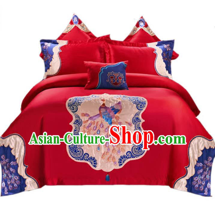 Traditional Chinese Wedding Embroidered Peacock Red Ten-piece Bedclothes Duvet Cover Textile Qulit Cover Bedding Sheet Complete Set