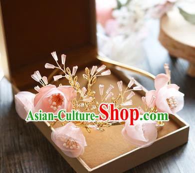 Chinese Traditional Bride Hair Jewelry Accessories Baroque Wedding Pink Flowers Royal Crown for Women