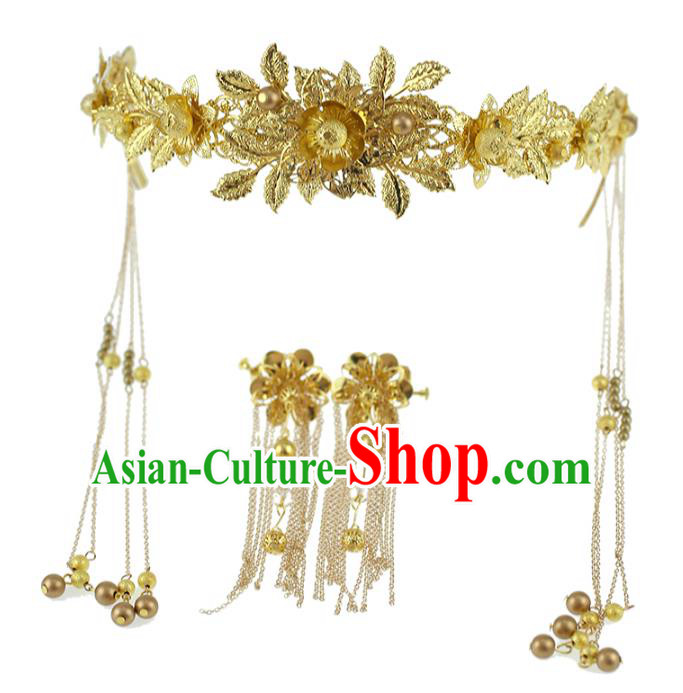 Chinese Traditional Bride Hair Jewelry Accessories Xiuhe Suit Hairpins Headwear Wedding Golden Phoenix Coronet for Women
