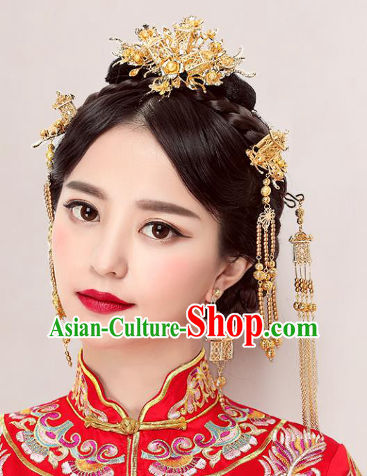 Chinese Traditional Bride Hair Jewelry Accessories Palace Xiuhe Suit Golden Phoenix Coronet Wedding Tassel Headwear for Women