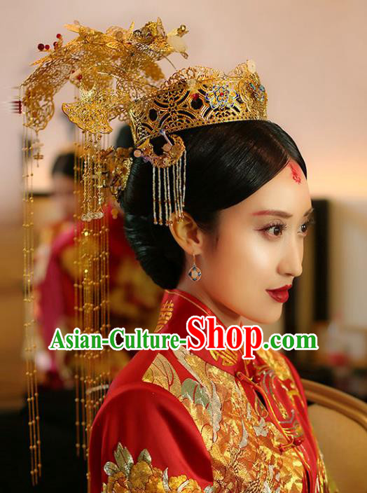 Chinese Traditional Bride Hair Jewelry Accessories Xiuhe Suit Extravagant Phoenix Coronet Wedding Tassel Headwear for Women