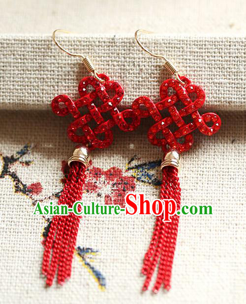 Chinese Traditional Bride Jewelry Accessories Princess Wedding Xiuhe Suit Red Chinese Knots Tassel Earrings for Women