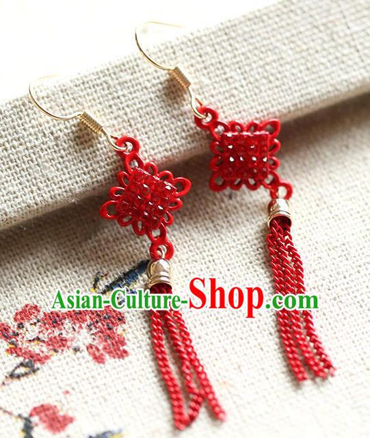 Chinese Traditional Bride Jewelry Accessories Princess Wedding Xiuhe Suit Red Chinese Knots Tassel Earrings for Women