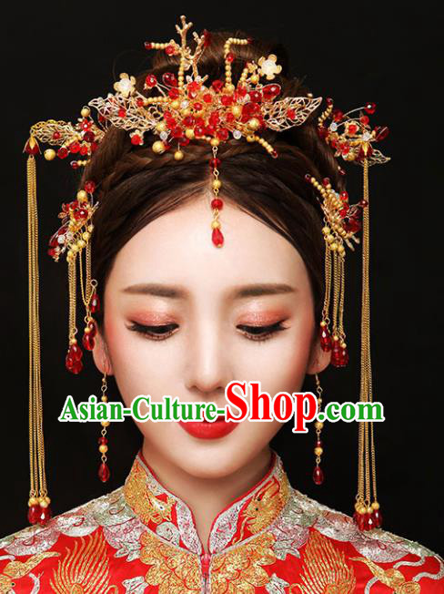 Chinese Traditional Bride Hair Jewelry Accessories Xiuhe Suit Phoenix Coronet Wedding Tassel Headwear for Women