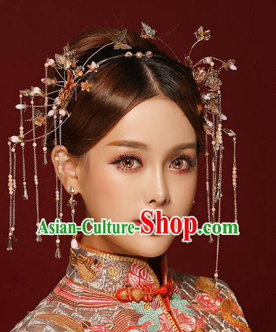 Chinese Traditional Bride Hair Jewelry Accessories Palace Xiuhe Suit Golden Phoenix Coronet Wedding Tassel Headwear for Women