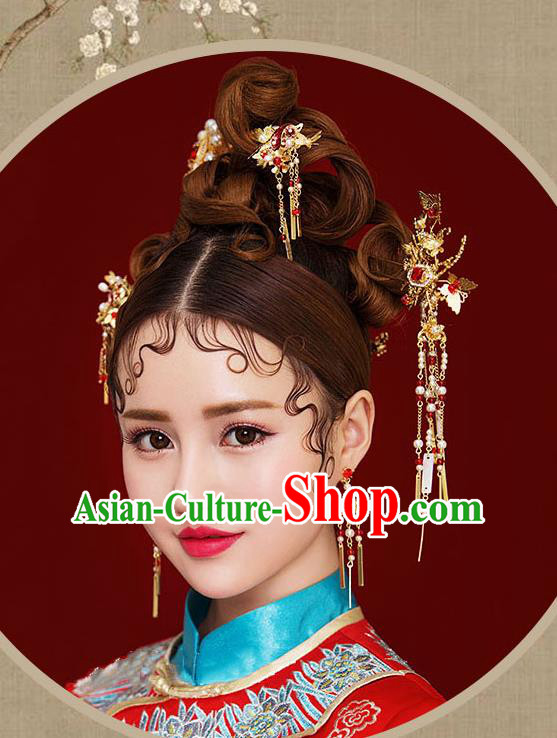 Chinese Traditional Bride Hair Jewelry Accessories Palace Xiuhe Suit Red Crystal Hairpins Wedding Tassel Phoenix Coronet for Women