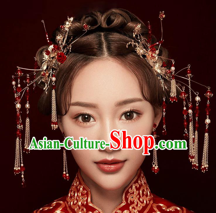 Chinese Traditional Bride Hair Jewelry Accessories Palace Xiuhe Suit Red Beads Hairpins Wedding Tassel Phoenix Coronet for Women