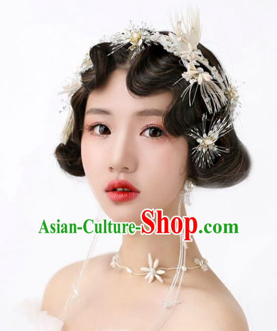 Chinese Traditional Bride Hair Jewelry Accessories Wedding Baroque Retro Feather Hair Clasp and Earrings for Women