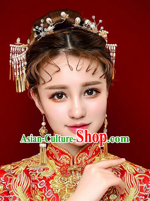 Chinese Traditional Bride Hair Jewelry Accessories Palace Xiuhe Suit Tassel Hairpins Wedding Step Shake for Women