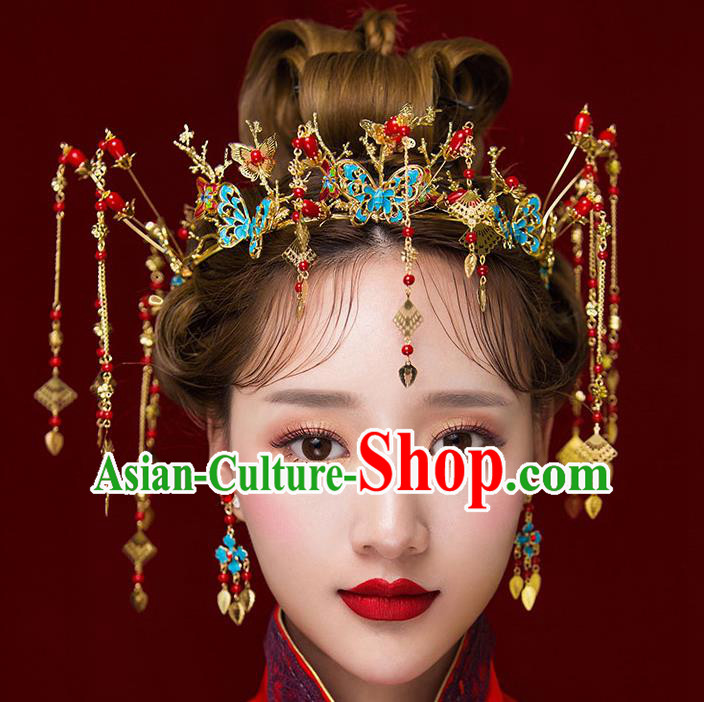 Chinese Traditional Bride Hair Jewelry Accessories Palace Xiuhe Suit Butterfly Tassel Phoenix Coronet Wedding Hairpins for Women