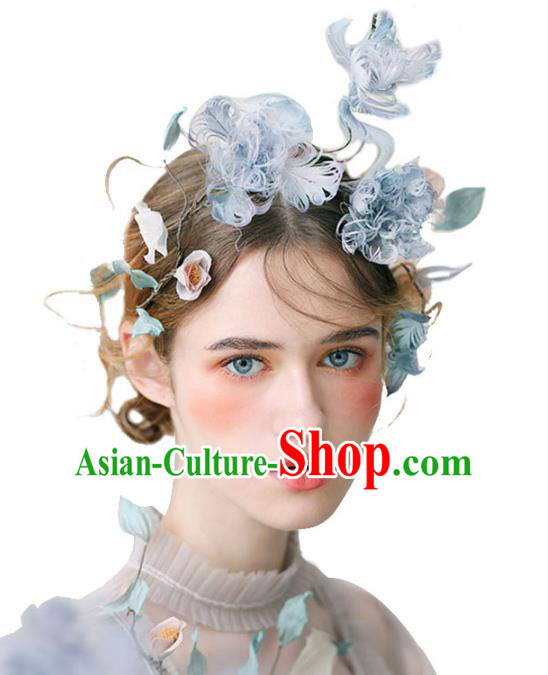 Chinese Traditional Bride Hair Jewelry Accessories Wedding Baroque Retro Blue Feather Hair Clasp for Women