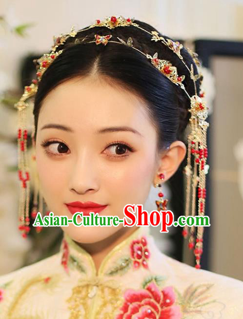 Chinese Traditional Bride Hair Accessories Palace Queen Xiuhe Suit Butterfly Tassel Phoenix Coronet Wedding Hairpins for Women