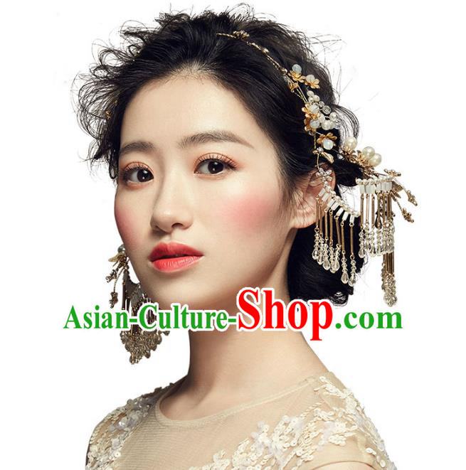 Chinese Traditional Bride Hair Accessories Palace Queen Xiuhe Suit Tassel Step Shake Wedding Hairpins Complete Set for Women