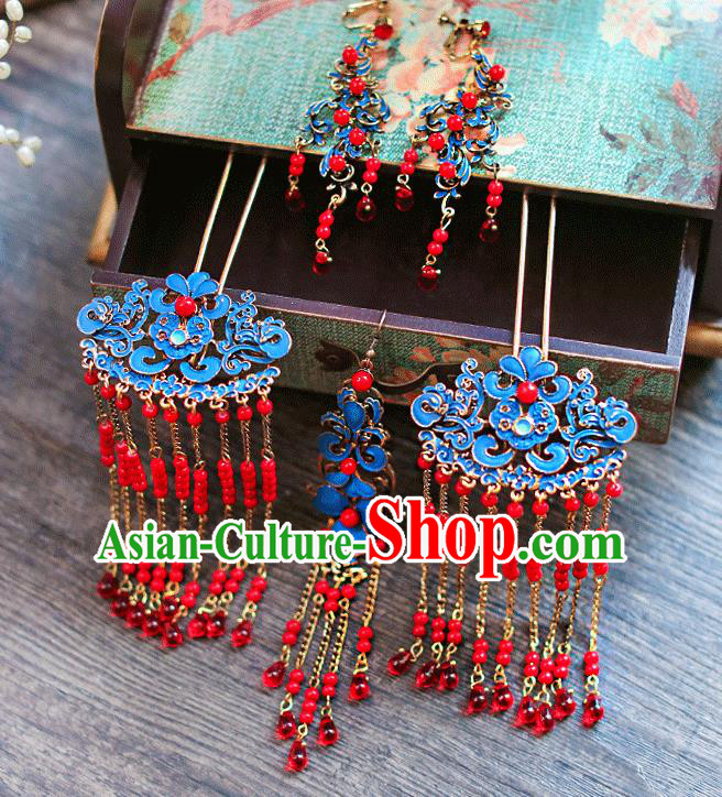 Chinese Traditional Bride Hair Accessories Palace Queen Xiuhe Suit Tassel Step Shake Wedding Blueing Hairpins for Women