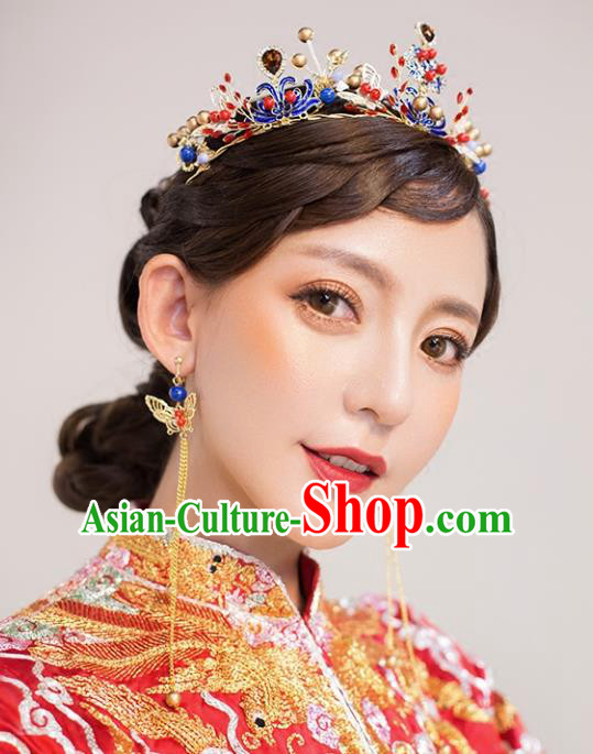 Chinese Traditional Bride Hair Accessories Palace Queen Xiuhe Suit Blueing Royal Crown Wedding Hairpins for Women