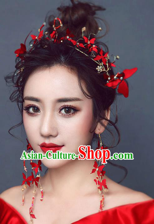 Chinese Traditional Bride Hair Jewelry Accessories Wedding Baroque Retro Red Flowers Hair Clasp for Women