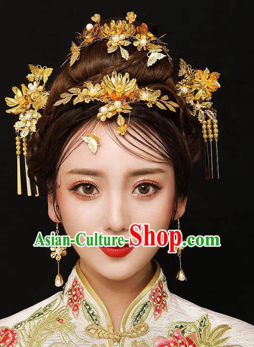 Chinese Traditional Bride Hair Accessories Palace Queen Xiuhe Suit Golden Lotus Phoenix Coronet Wedding Hairpins for Women