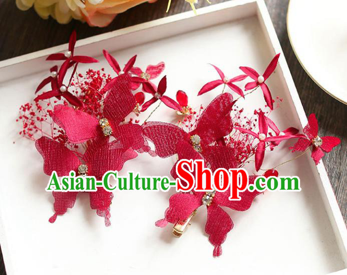 Chinese Traditional Bride Hair Jewelry Accessories Wedding Baroque Retro Red Silk Butterfly Hair Stick for Women