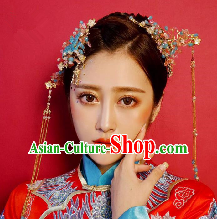 Chinese Traditional Bride Hair Accessories Palace Queen Xiuhe Suit Blueing Phoenix Coronet Wedding Hairpins for Women