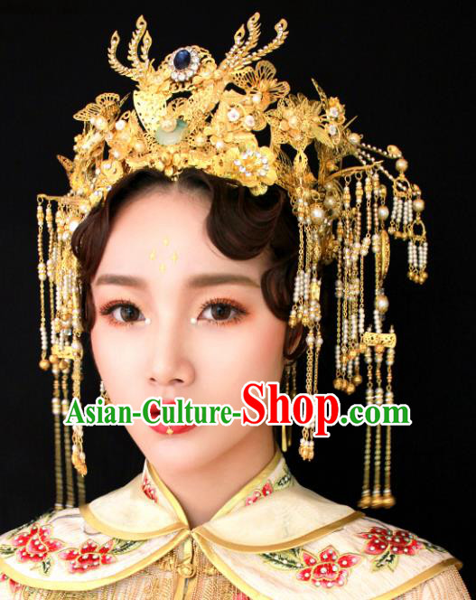 Chinese Traditional Bride Hair Accessories Xiuhe Suit Golden Palace Phoenix Coronet Wedding Hairpins for Women