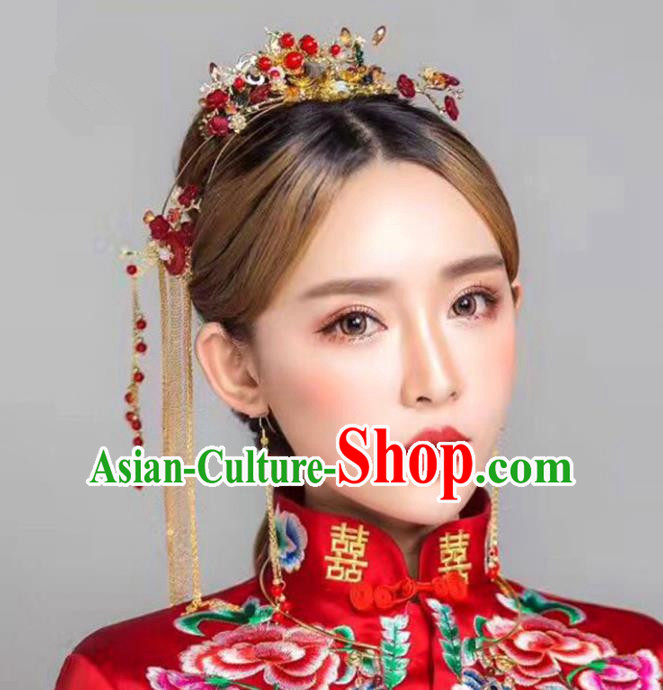 Chinese Traditional Bride Hair Accessories Xiuhe Suit Palace Red Phoenix Coronet Wedding Hairpins for Women